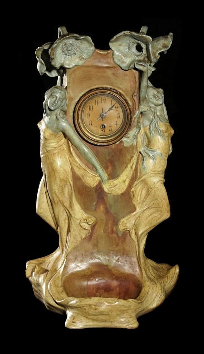 Figural Art Nouveau Amphora Tabletop Clock with Maidens, Flowers with…