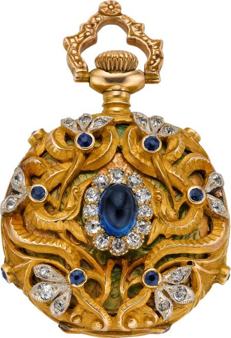 Elgin Diamond & Sapphire Pendant Watch With Enamel, circa 1899 Case: 14k yellow ...