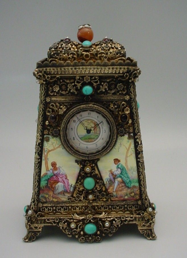 Glorious Antique Austrian Silver Jeweled Clock Music Box World Rarities