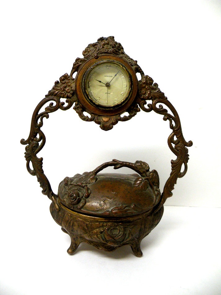 Rare Antique jewelry Casket Bronze Clock, Art Nouveau