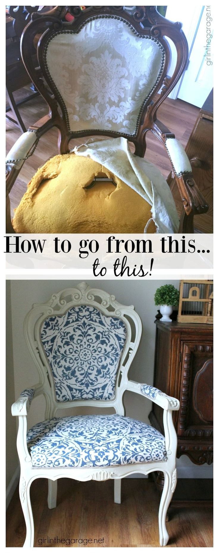 DIY Reupholstered chair makeover with Chalk Paint and clearance curtain as fabri...