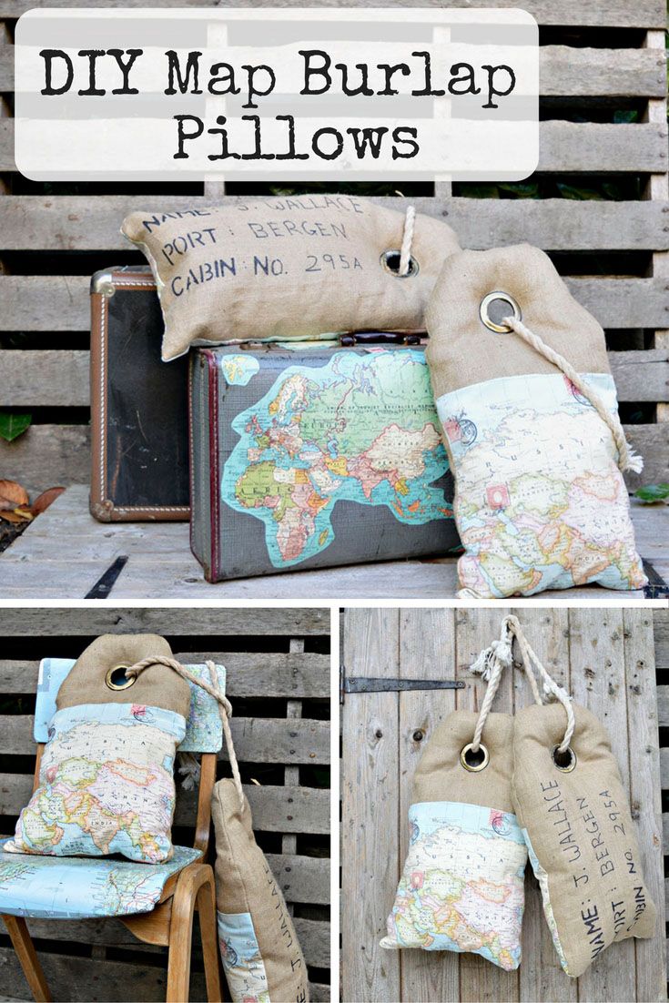 Full tutorial on how to make these unique map burlap pillows that look like lugg...