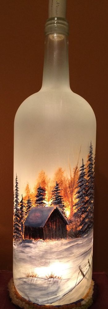 Large Hand Painted Frosted Glass Lighted Wine Bottle with Trees and Barn | eBay