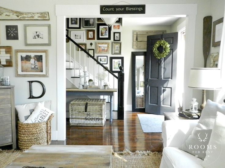 staircase gallery wall, mixed frames, farmhouse style