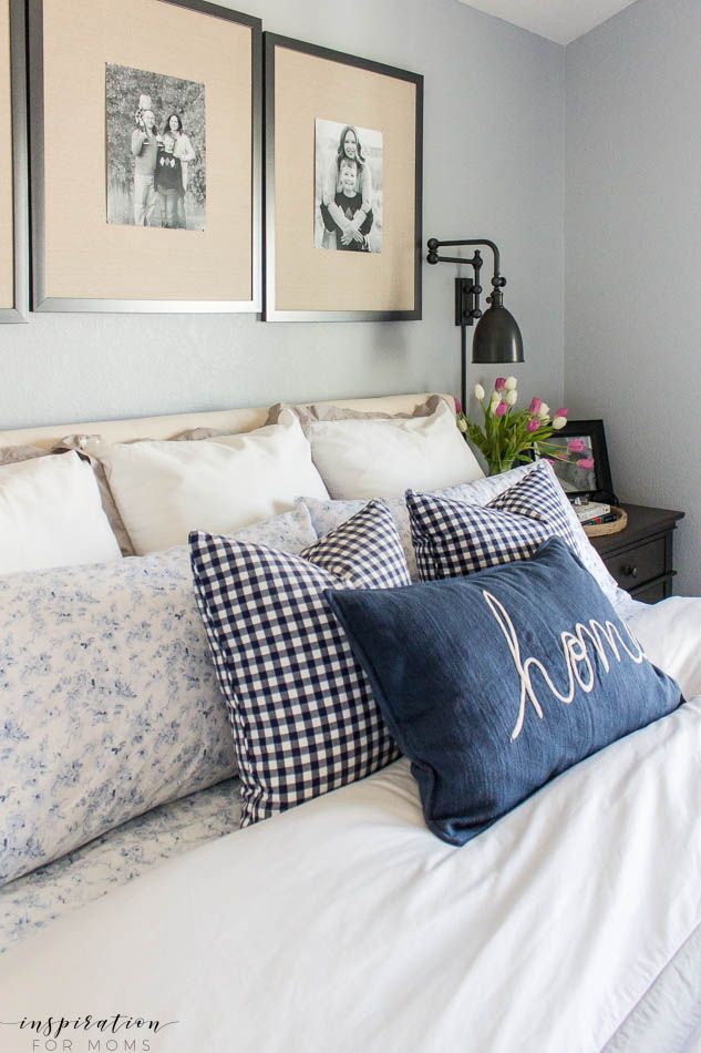 spring master bedroom gingham pillows navy white gray
