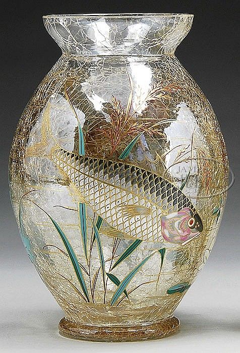 A Moser glass vase depicting fish -amber craquel vase with two large enameled fi...