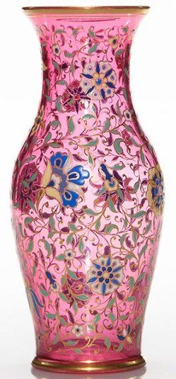Moser Glass; Vase, Cranberry, Enamel Exotic Flowers & Leaves, Gold Rim, 8 inch.