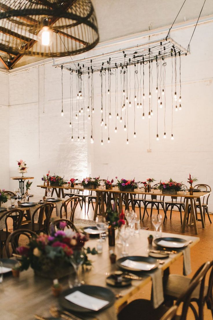 industrial warehouse wedding with suspended lighting installation