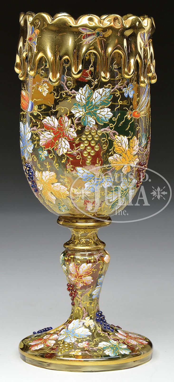 MOSER DECORATED CHALICE. Moser amber glass chalice is decorated with an allover...