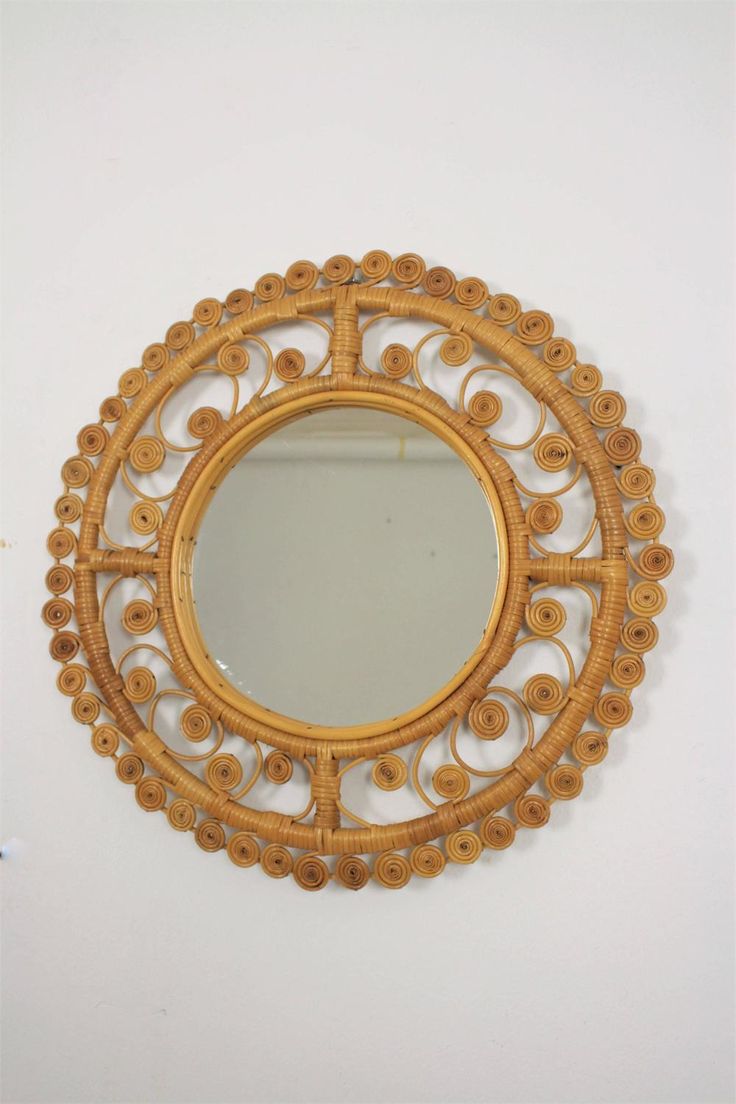 Spanish Filigree Wicker and Bamboo Circular Mirror, 1960s | From a unique collec...