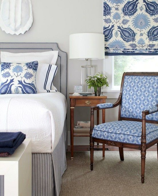 Blue and white bedroom.