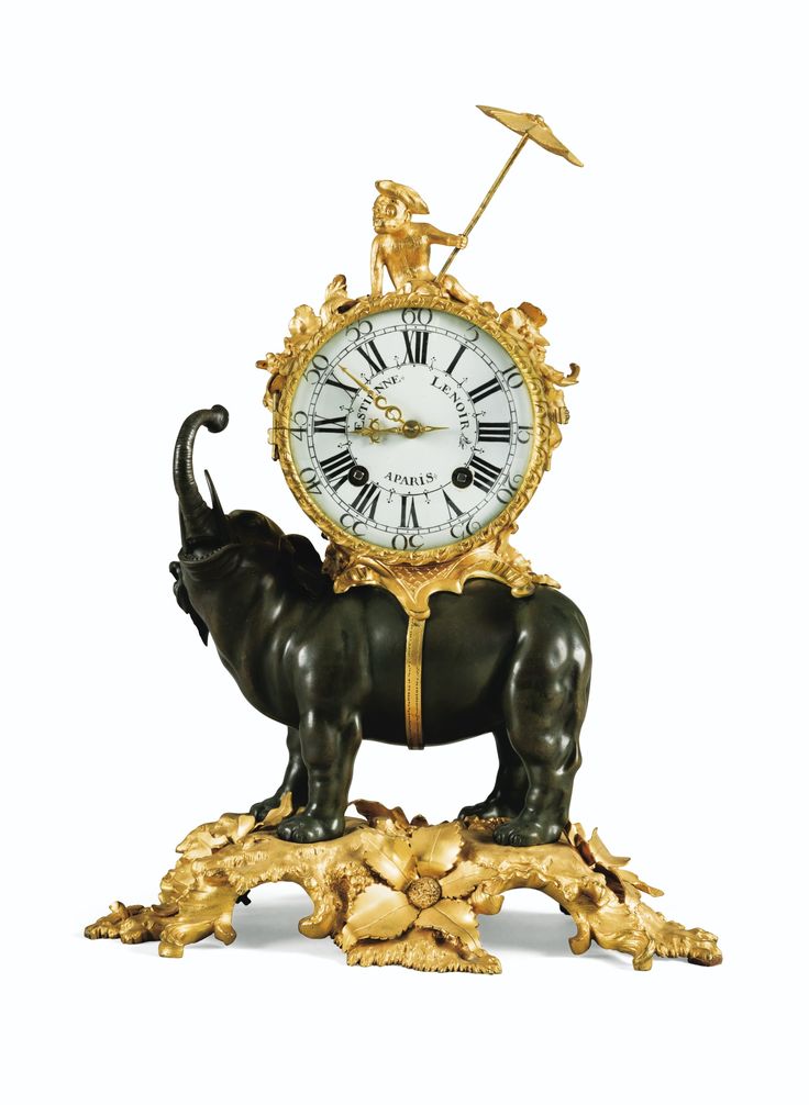 A LOUIS XV GILT-BRONZE AND PATINATED-BRONZE ELEPHANT CLOCK, THE DIAL AND THE MOV...