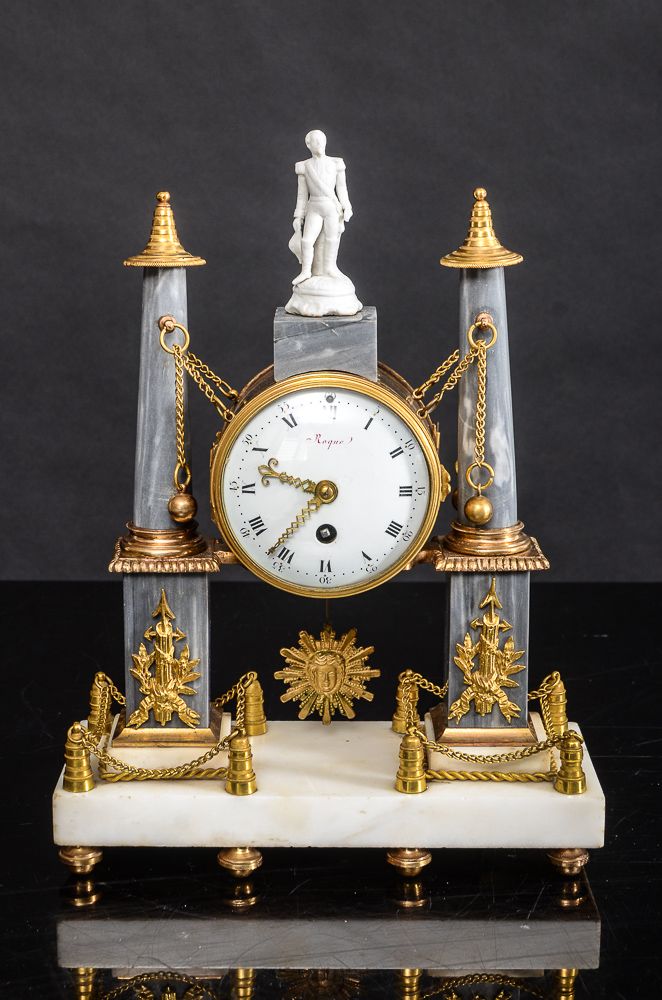 A Louis XVI Portico Clock by Jean Leonard Roque, Paris ; the clock supported by ...