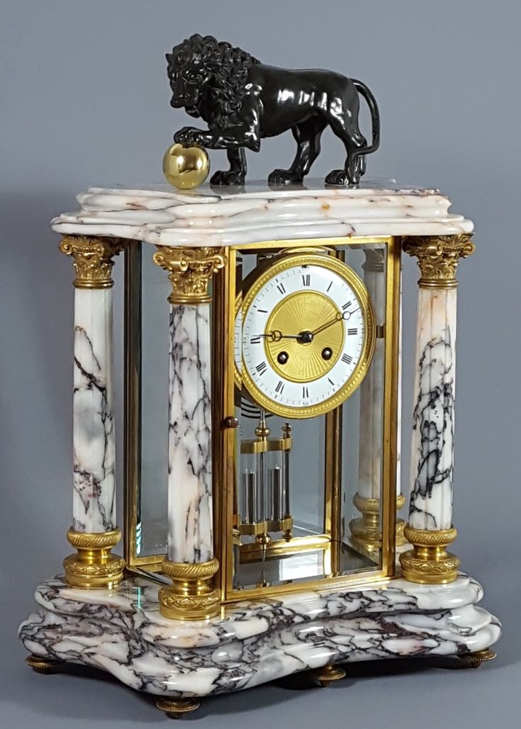 Magnificent Antique French Carrara Marble and Gilt Brass Four Glass Mantel Clock...