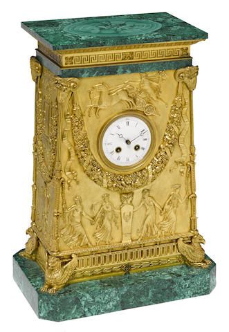 A fine Empire style gilt bronze and malachite mantel clock movement stamped C. E...
