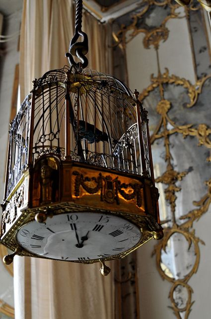 A bird cage with a clock on the underside, in the Queen Boudoir, Rococo apartmen...