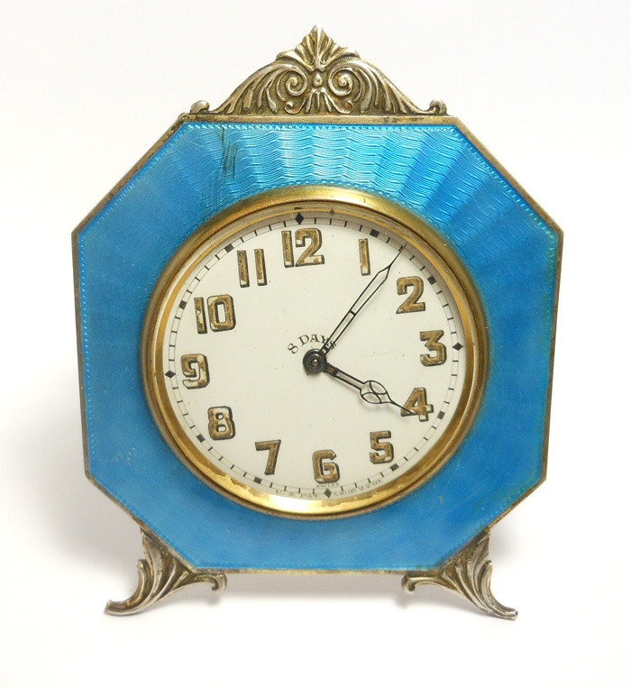 Art deco clock, guilloche enamel on sterling, made in Switzerland.