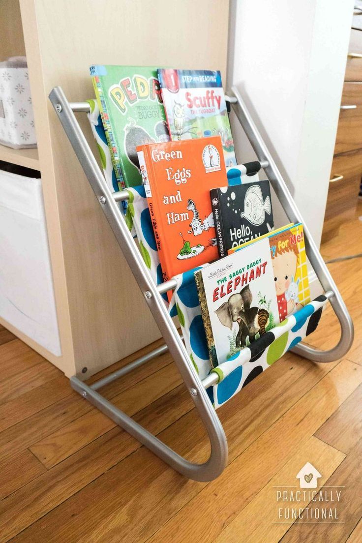 Check out how this old sling bookshelf was transformed into a fun, colorful kids...