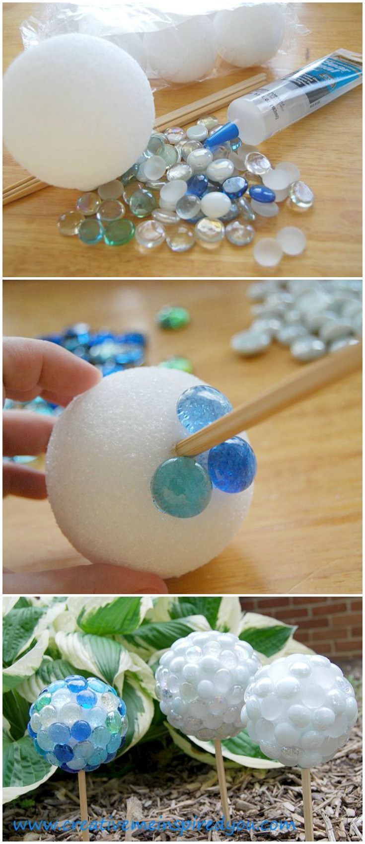 Create beautiful garden gazing stones from dollar store finds. Use glass marbles...