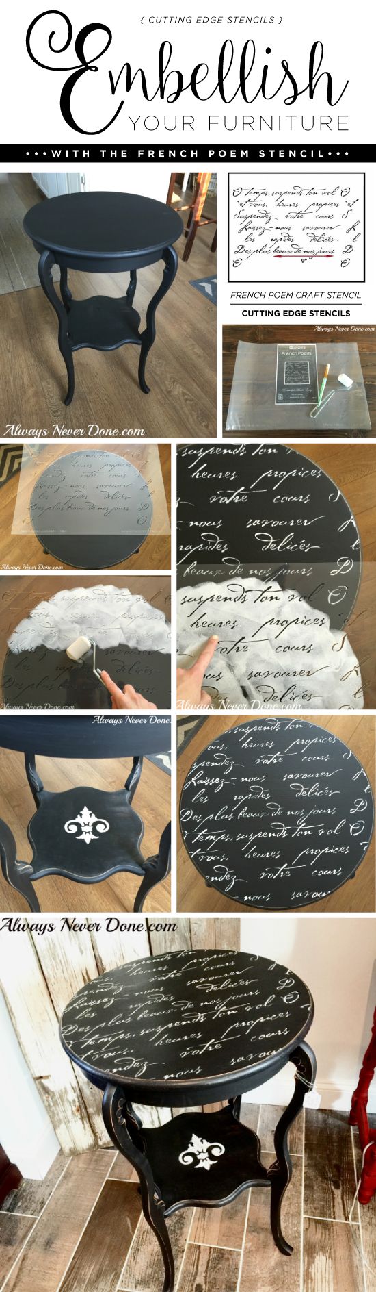 Cutting Edge Stencils shares a DIY side table makeover using the French Poem Cra...