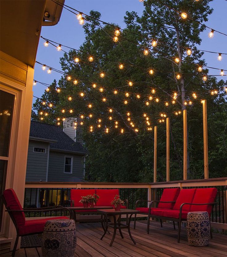 Hang Patio Lights across a backyard deck, outdoor living area or patio. Guide fo...