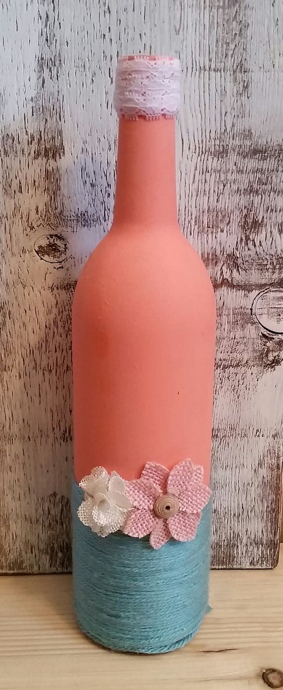Coral and Teal painted Wine Bottle by PleasantlyChicDecor on Etsy
