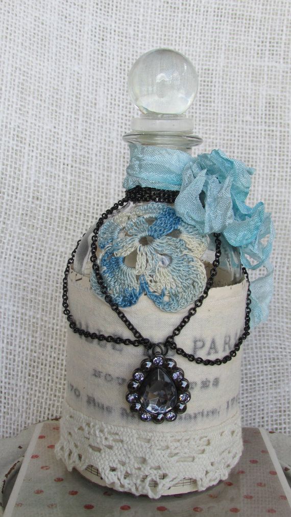 Decorated Decorative Altered Bottle Embellished Vintage Lace Button French Muslin Label Crinkled Ribbon, Black Chain and Jeweled Pendant
