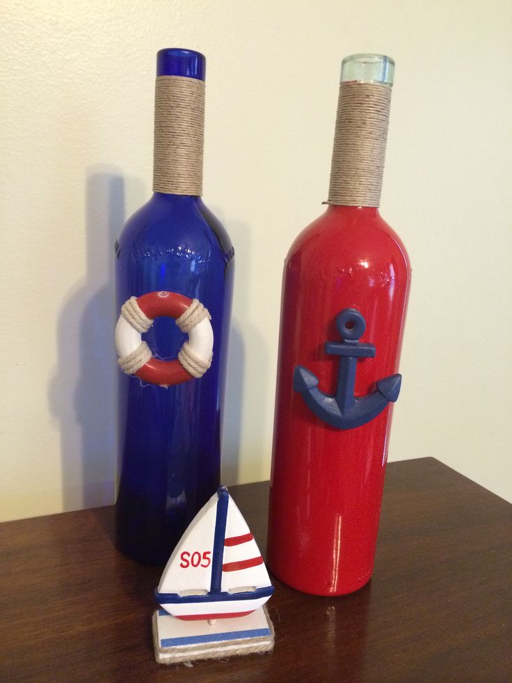 My project today: Two wine bottles, wrap neck with twine and add sea shell or na...