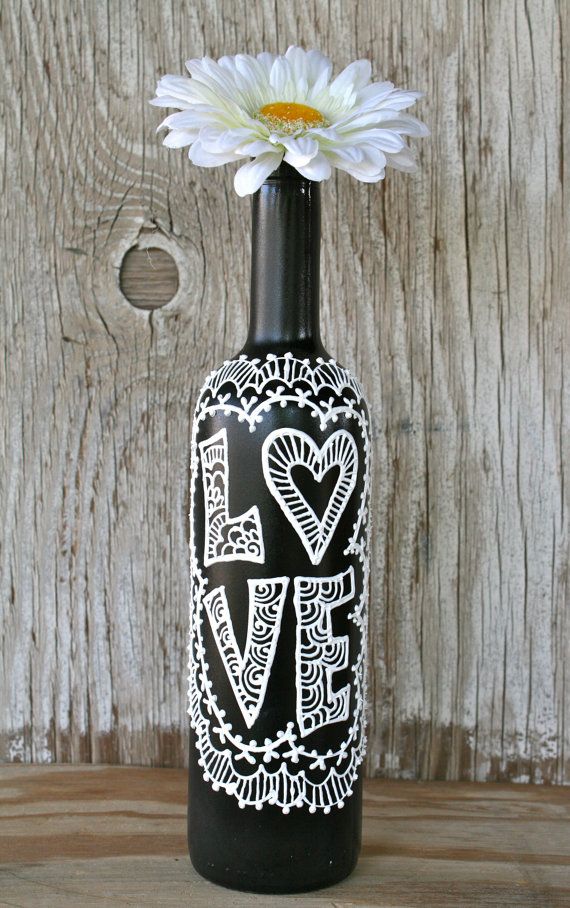 Painted Wine Bottle, Love, Black and White, Wedding centerpiece, Pretty Vase