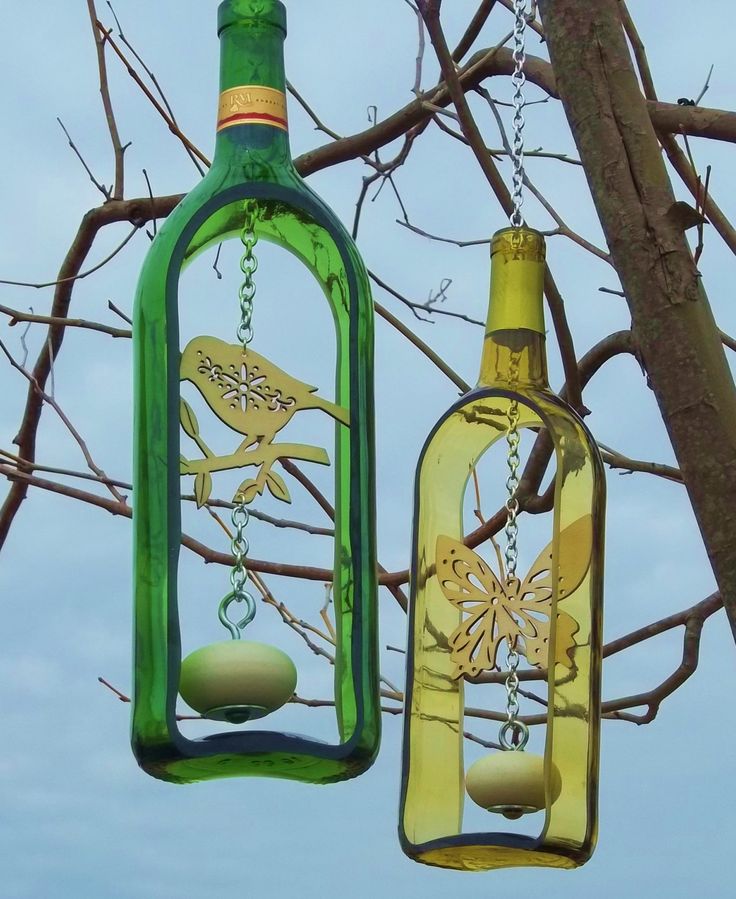 Wine Bottle Wind Chime with wooden knocker (Groovy Green Glass via Etsy).