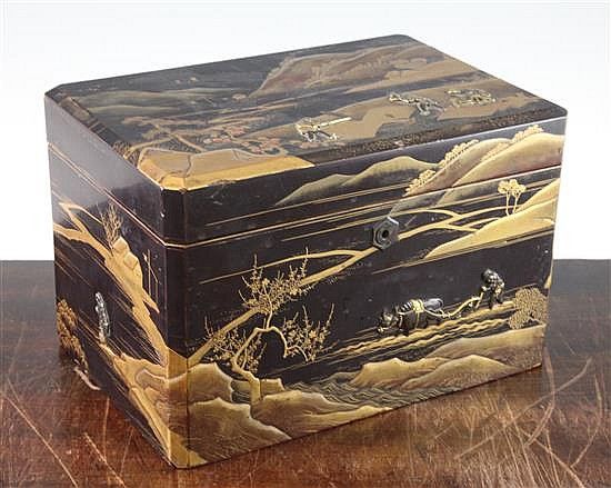 A Japanese lacquer and mixed metal overlaid tea caddy, Meiji period, the exterio...