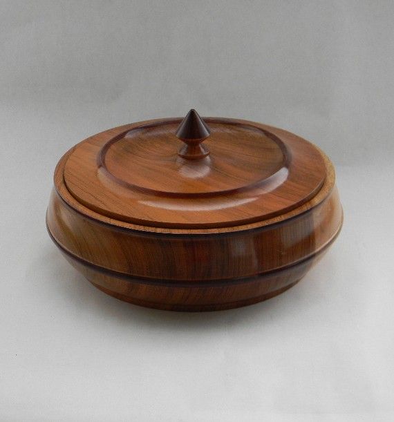 vintage turned wood bowl lidded with cool knob top by FlumeStreet