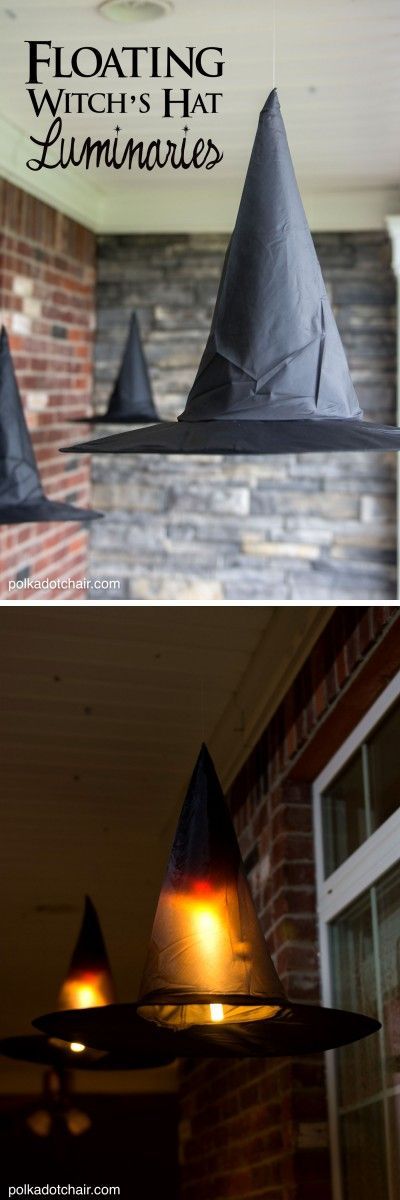 Clever decorating idea for a porch for Halloween, floating Witch's hat lumin...