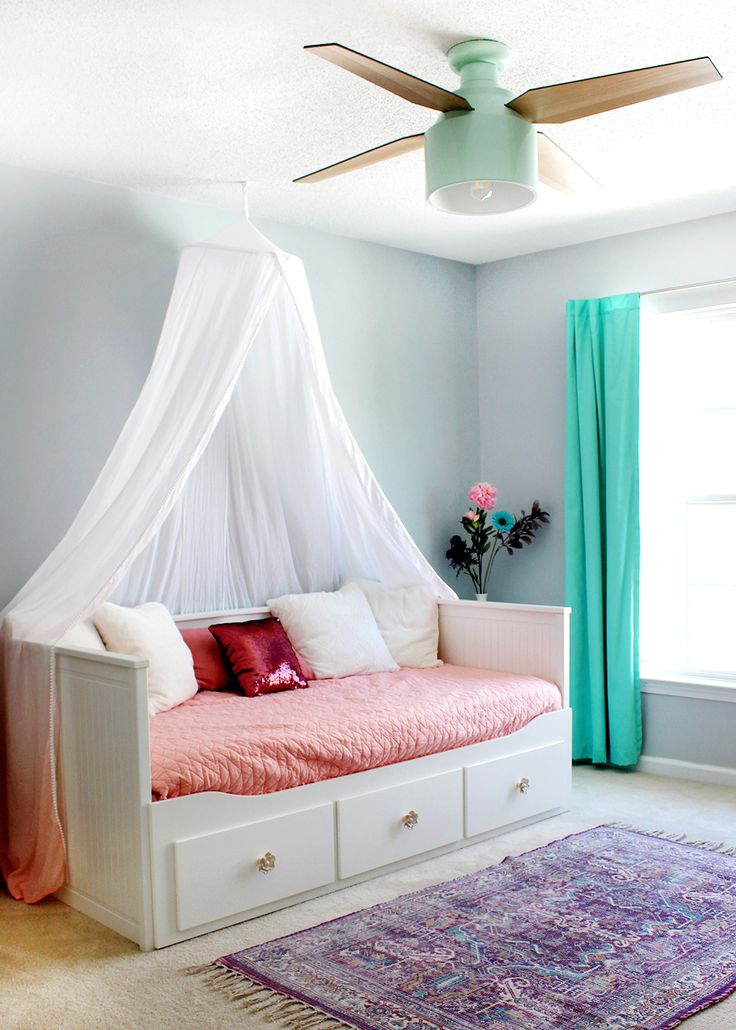 Girl’s bedroom with SW Misty blue paint & Cranbrook ceiling fan