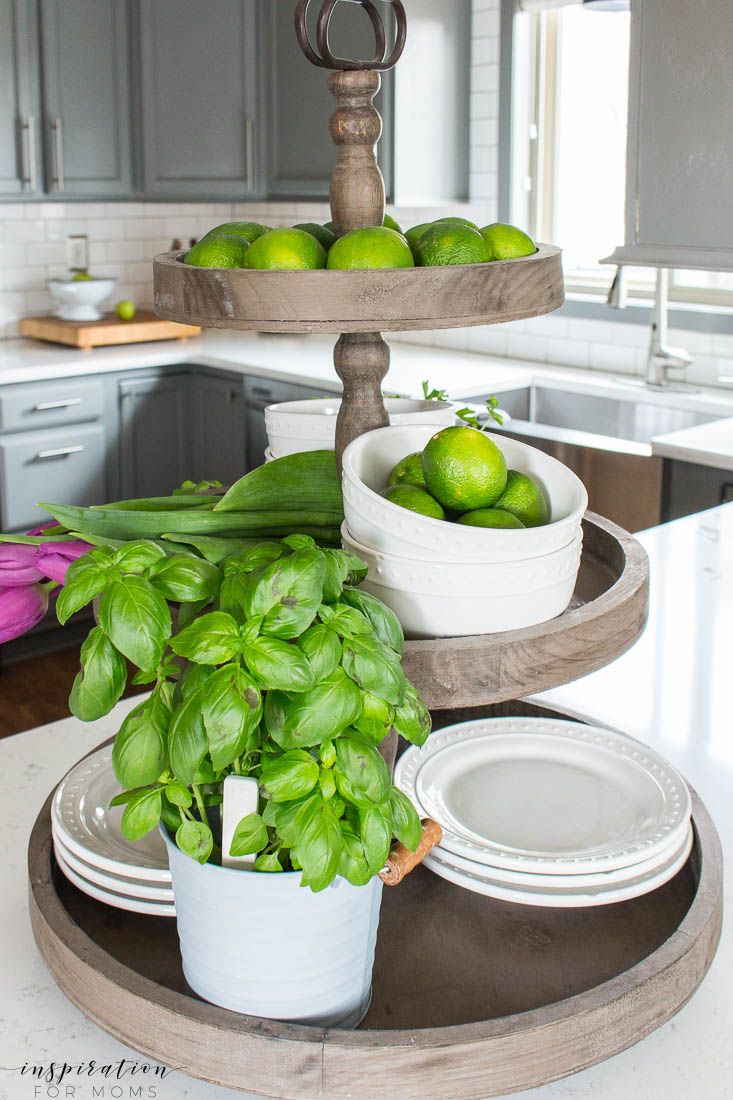 Kitchen and Dining Room Spring Tour with Decorated Tiered Tray with Herbs