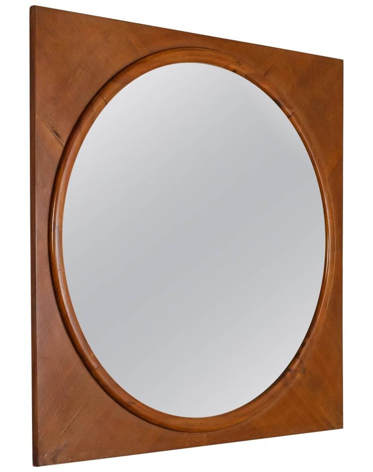 Large Round Wall Mirror in Square Walnut Frame, Italy, 1940s