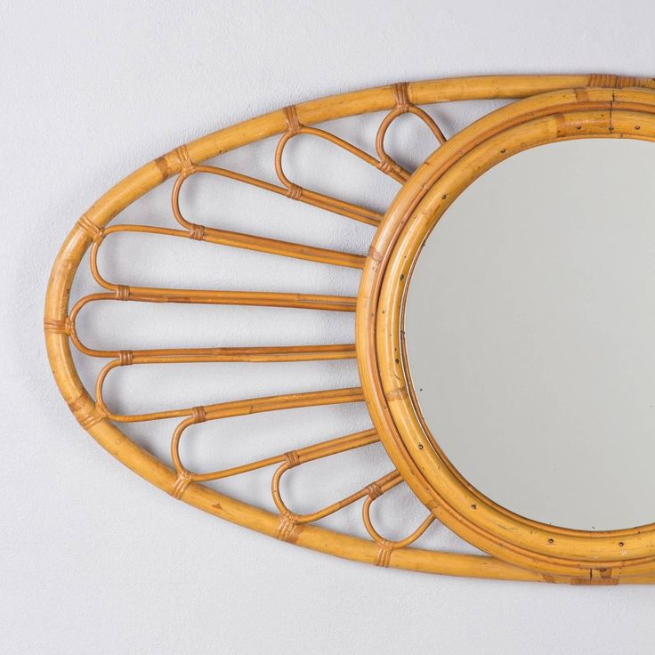 Vintage French 1960s Bamboo and Rattan Oval Mirror | From a unique collection of...