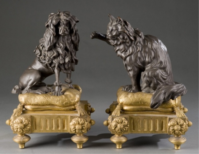 Lot 208: Pair of Louis XVI style ormolu and patinated bronze chenets. 19th centu...