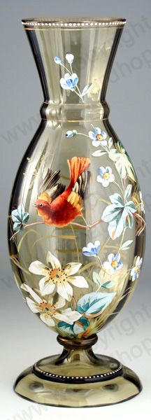 Antique Glass with wildlife theme. Riedel vase with hand enamelled polychrome bi...
