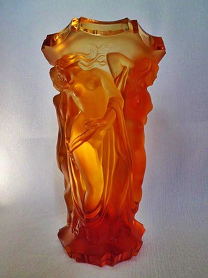 Large Art Deco Bohemian amber glass vase by Frantisek Pazourek.