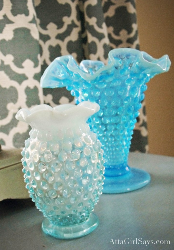 Love vintage hobnail glass. These are two of my prized vases. www.attagirlsays.c...