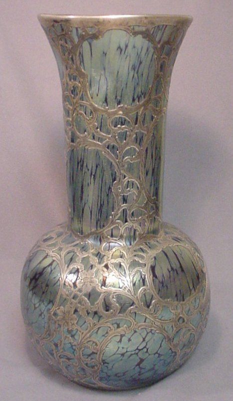 Monumental 19th c Loetz Silver Overlay Papillon Vase