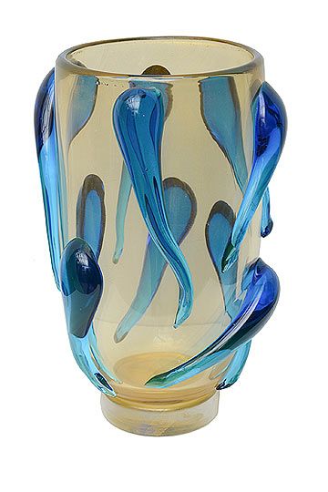 Murano Art Glass Vase (Gold with Blue Decor) Signed Pino Signoretto
