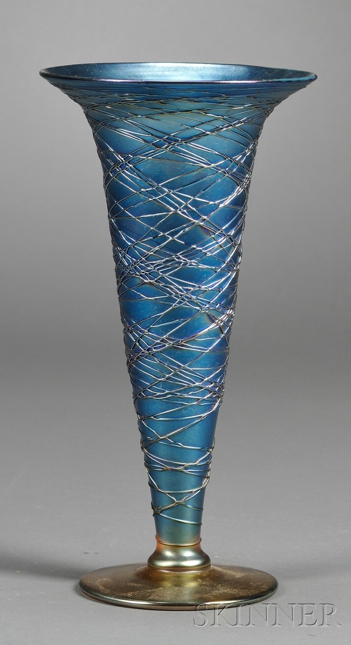, THREADED VASE ATTRIBUTED TO DURAND, ART GLASS, FLARED RIM ON TRUMPET FORM OF B...