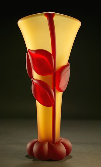 Vase - designed by Tommie Rush- art glass - hand blown - red glass leave pattern