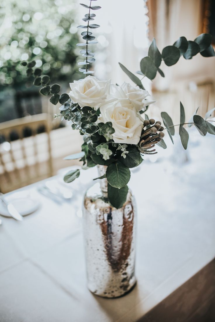 Mercury Glass Vase, Eucalyptus & White Flowers - Darina Stoda Photography | Lusa...