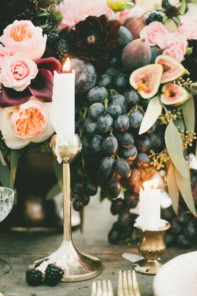 Fig and gold centerpiece and candles  | Onelove Photography | see more on:  burn...
