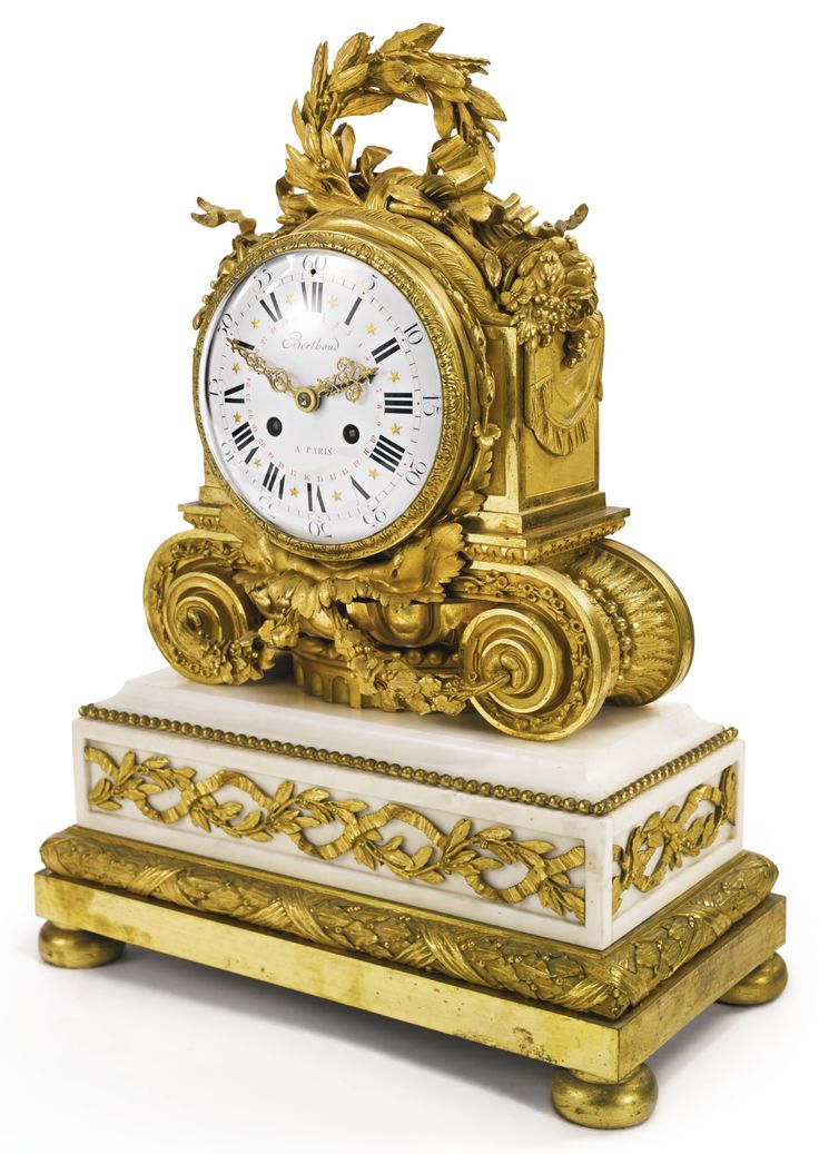 A Louis XVI style gilt bronze and white marble horloge à poser.Paris, mid 19th ...