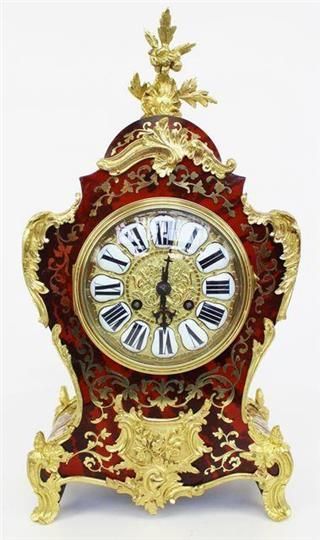 RARE ORIGINAL OUTSTANDING ANTIQUE FRENCH RED SHELL ORMOLU BOULLE MANTEL CLOCK