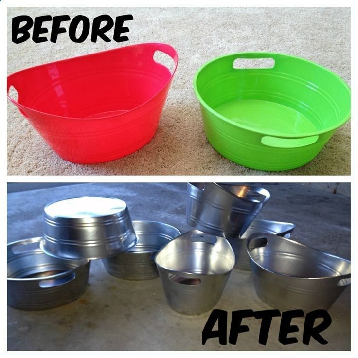 Take plastic bins from the dollar store and upgrade them using metallic spray pa...